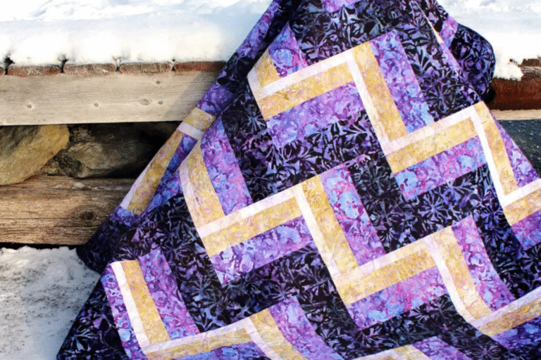 purple and gold rail fence quilt pattern