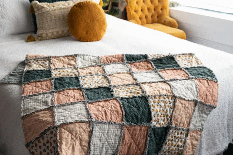 Easy Weekend Quilt Pattern rag quilt in peaches and grays
